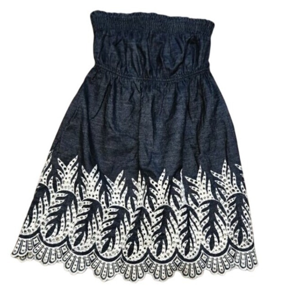 West‎ 36 Womens Strapless Smocked Denim Look Eyelet Mini Dress Blue White Size M